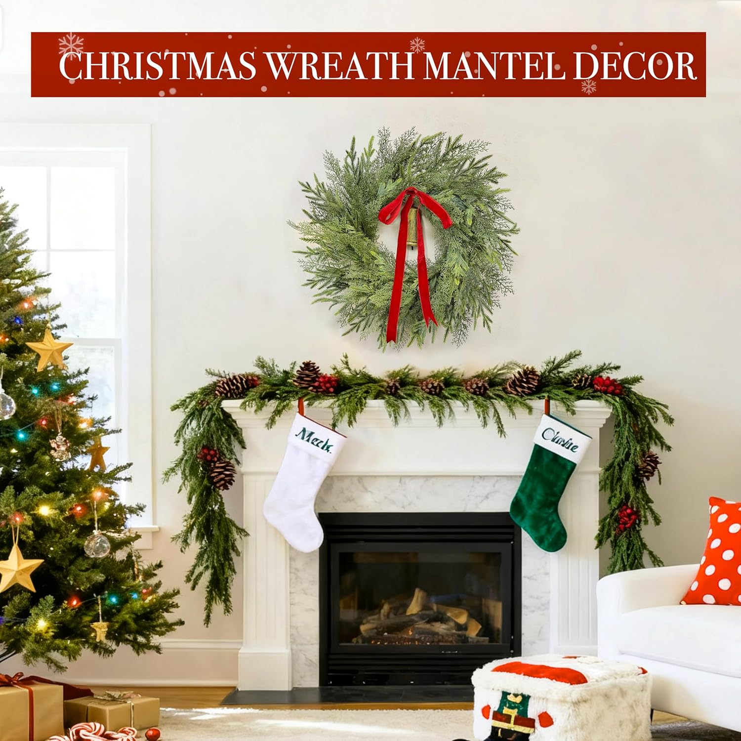 24 Large Christmas Wreaths for Front Door Thick Outdoor Christmas Wreath with Norfolk Pine Cypress Branches Gold Cow Bell Red Bow Soft Artificial Xmas Wreath for Home Door Window Wall Porch Indoor